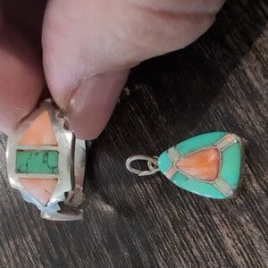 Sterling Silver Turquoise & Coral Inlay Ring and Pendant Set - Green and Pink